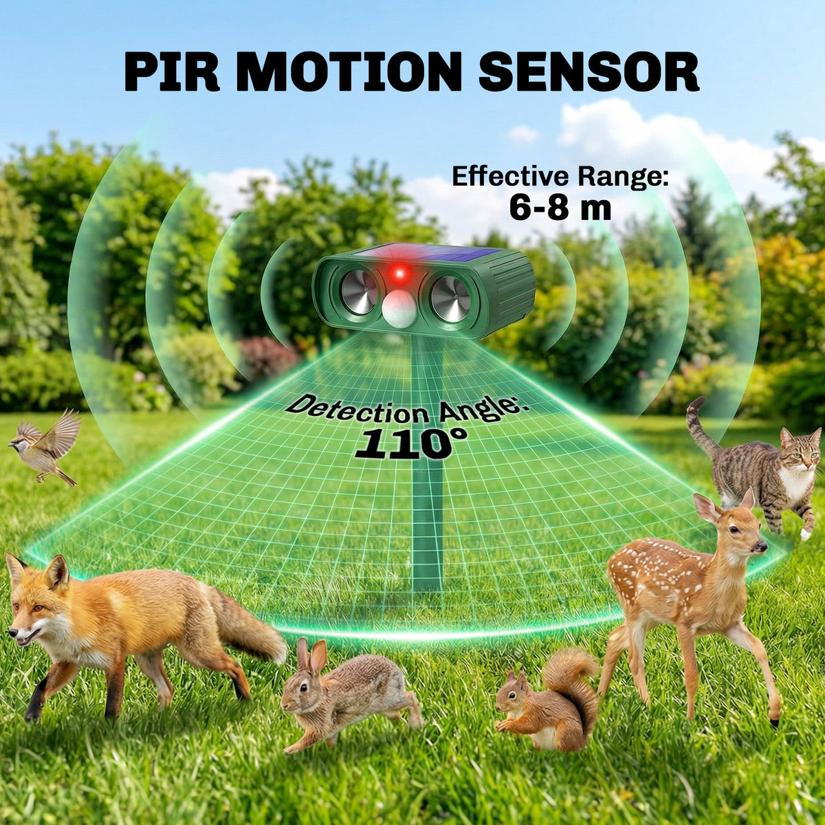 Outsunny Ultrasonic Cat Repellent, PIR Motion Sensor 110°, LED Flash, Solar Cat Deterrents for Gardens UK