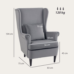 HOMCOM Modern Accent Chair, Upholstered Wingback Armchair with High Backrest and Pillow, Velvet-Feel Fabric Reading Chair with Solid Wood Legs for Living Room, Bedroom, Home Office, Dark Grey