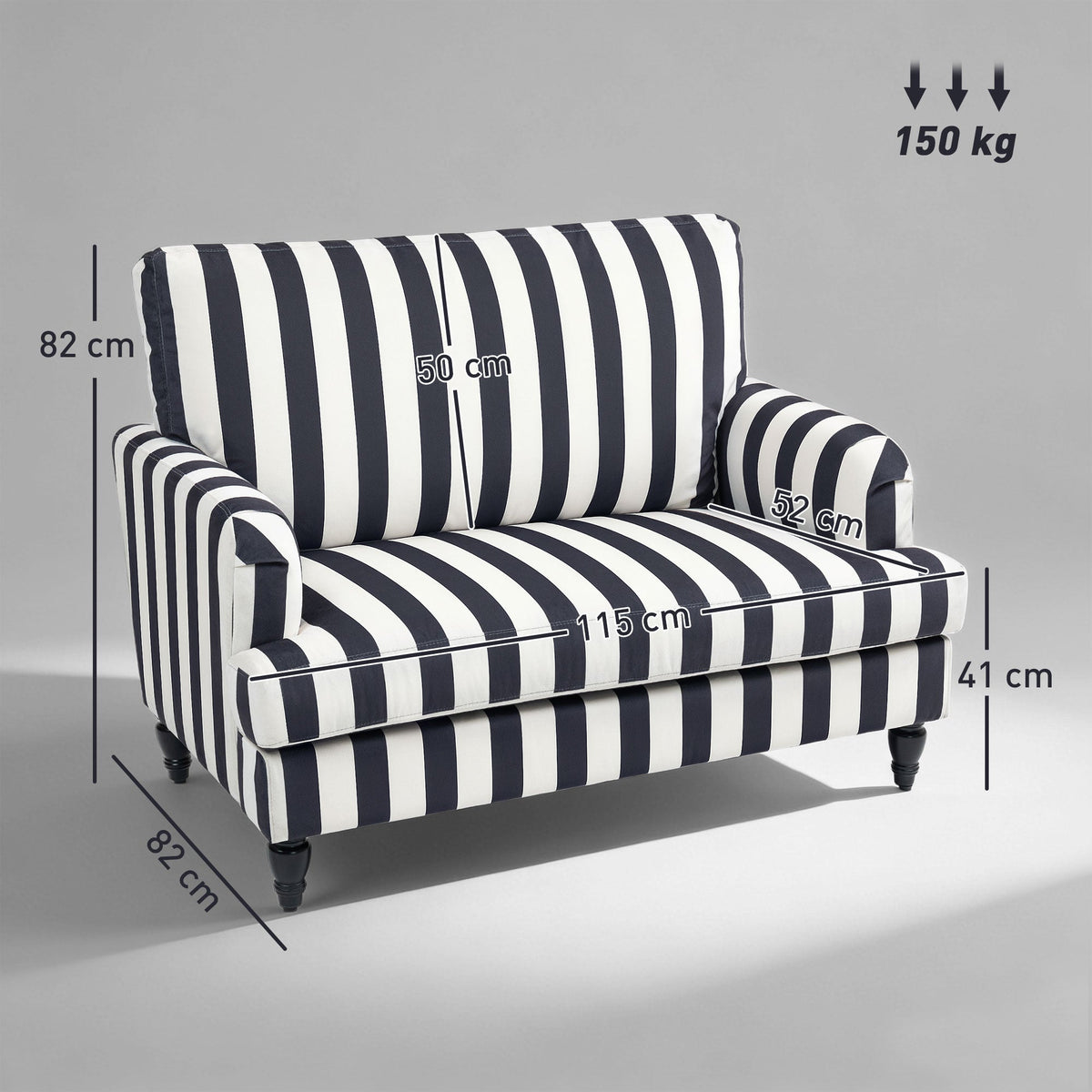 HOMCOM Modern Cuddle Chair, Velvet Single Sofa Armchair with Stripe, Turned Legs and Wide Seat, Upholstered Snuggle Chair for Living Room, Bedroom, Black and White
