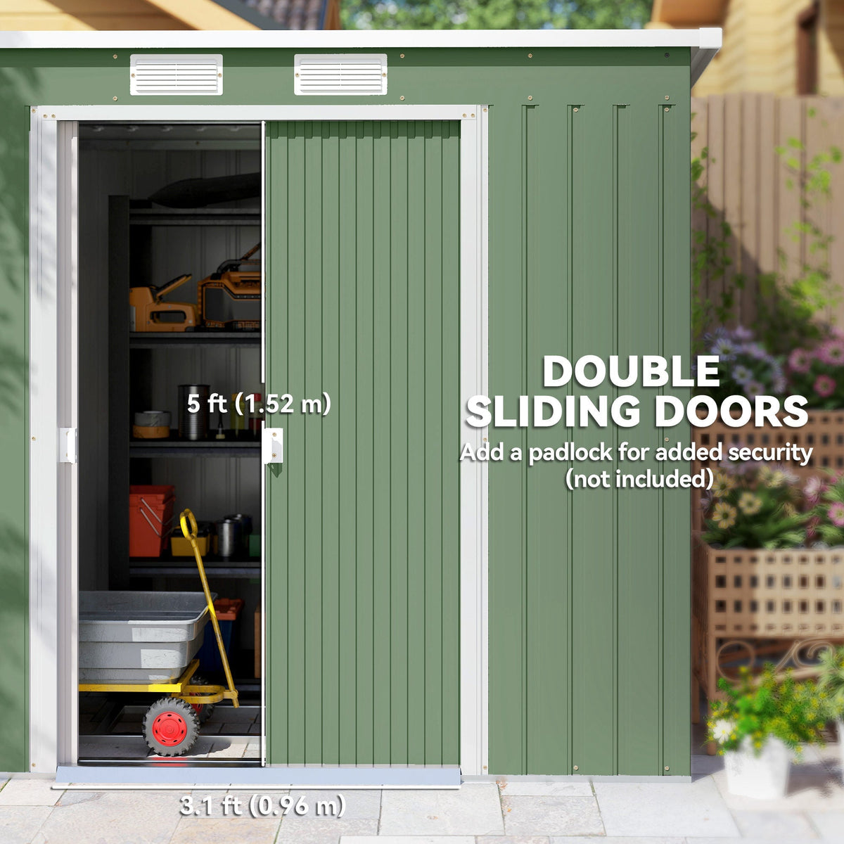 Outsunny 7 x 4ft Galvanised Steel Garden Shed, with Foundation Kit - Green