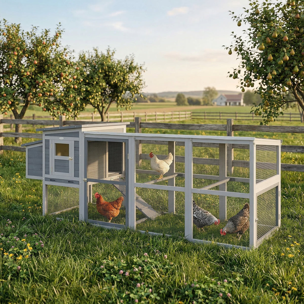 PawHut Large Chicken Coop, Wooden Hen House with Covered Run, Nesting Box, Pull-Out Tray, Opening Asphalt Roof