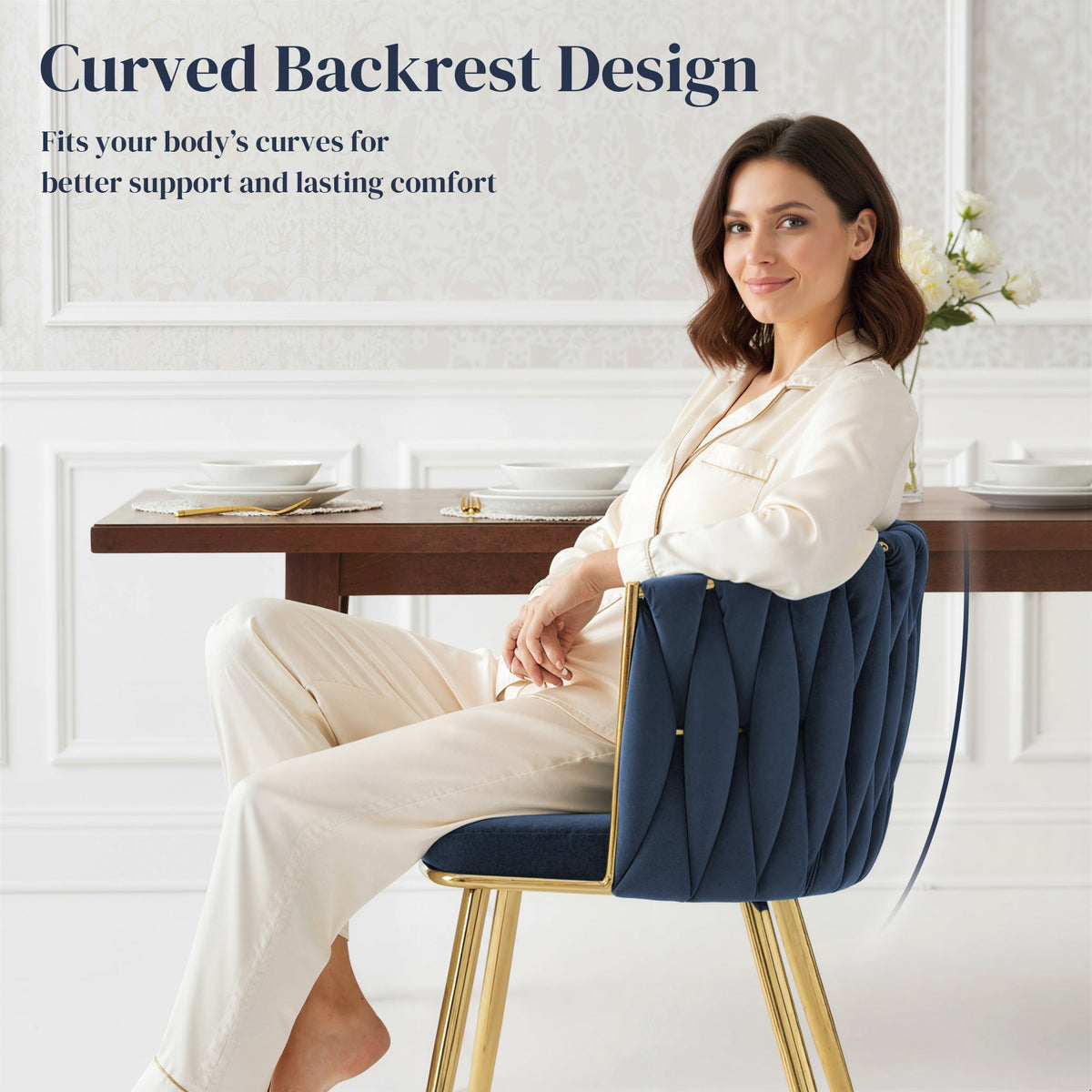 HOMCOM Velvet-Feel Dining Chairs Set of 2, Modern Upholstered Armchair with Knot Design and Golden Metal Legs, Accent Chair for Dining Room, Bedroom, Kitchen, Living Room, Dark Blue
