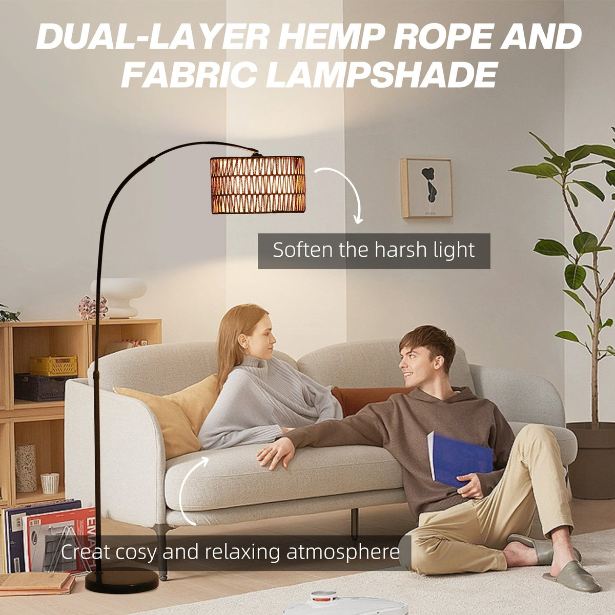 HOMCOM Rattan Floor Lamp for Living Room, Farmhouse Arc Standing Lamp with Dual-Layer Shade & Foot Switch, Height Adjustable Minimalist Tall Pole Lampshade for Bedroom, Office, Black