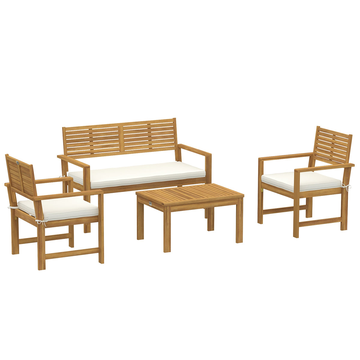 Outsunny 4 Seater Wooden Garden Furniture Set with Loveseat, Armchairs, Table, Acacia Wood Garden Sofa Set, Cream White