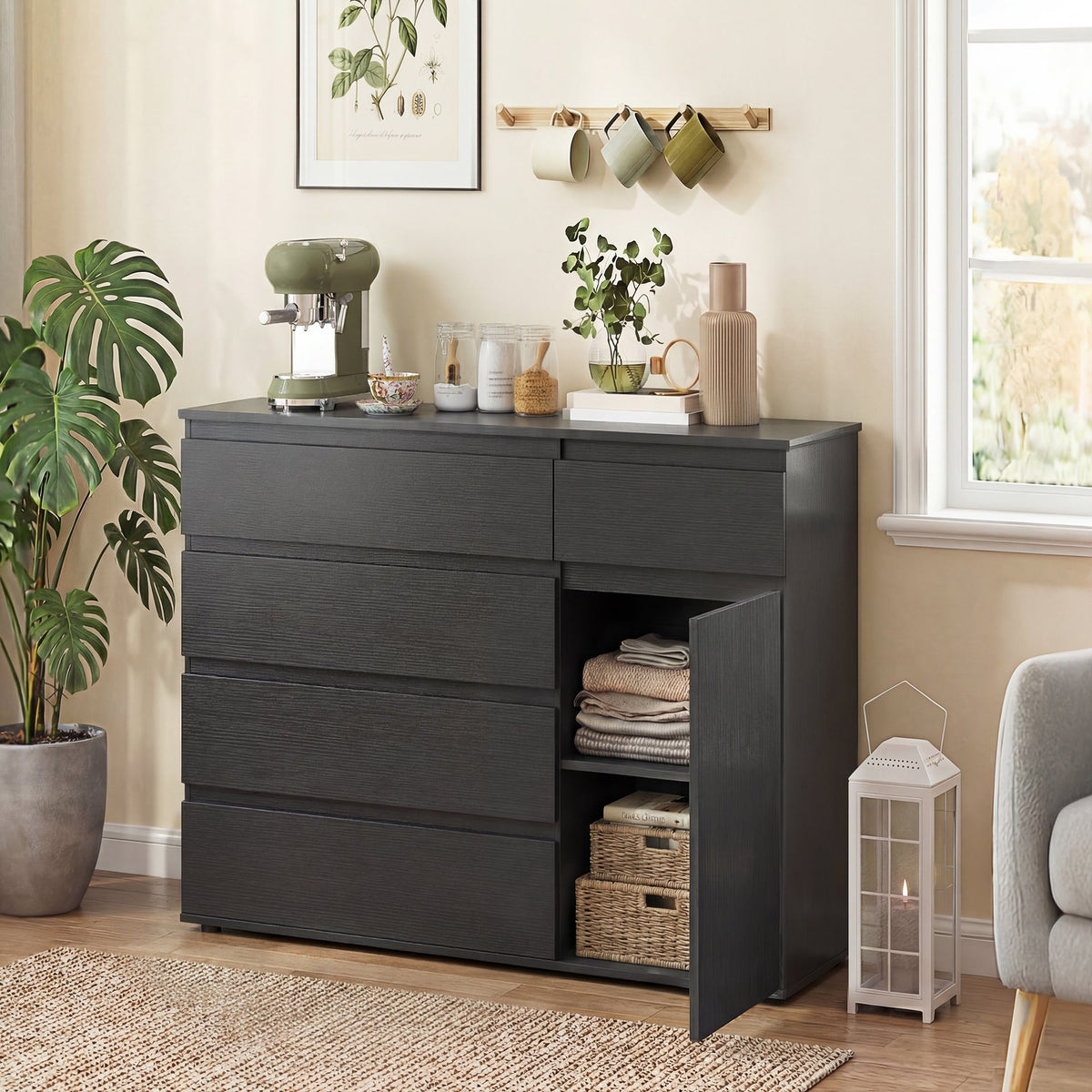 HOMCOM Modern Chest Of Drawers, 5 Drawer Dresser with Adjustable Shelf, Soft-Close Door, Black