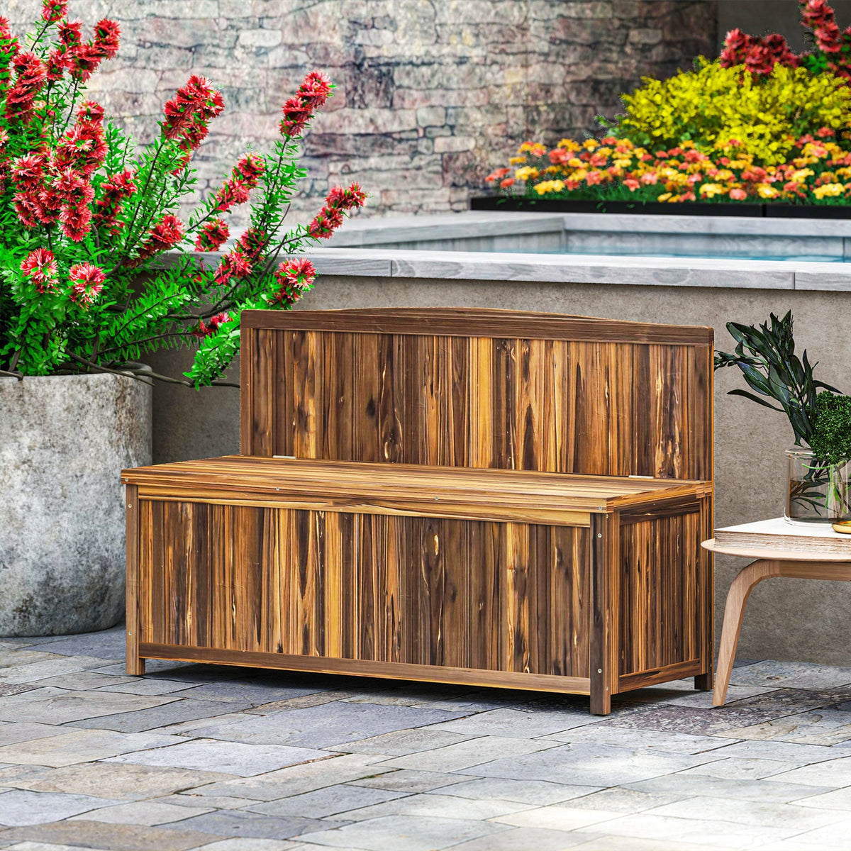 Outsunny Wood Storage Bench for Patio Furniture, Outdoor Garden Seating Tools, Brown - product image 2