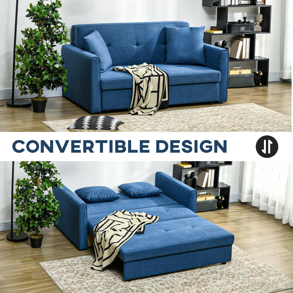 HOMCOM 2 Seater Sofa Bed, Convertible Bed Settee, Modern Velvet Loveseat Sofa Couch with 2 Cushions, Hidden Storage for Living Room, Guest Room, Deep Blue