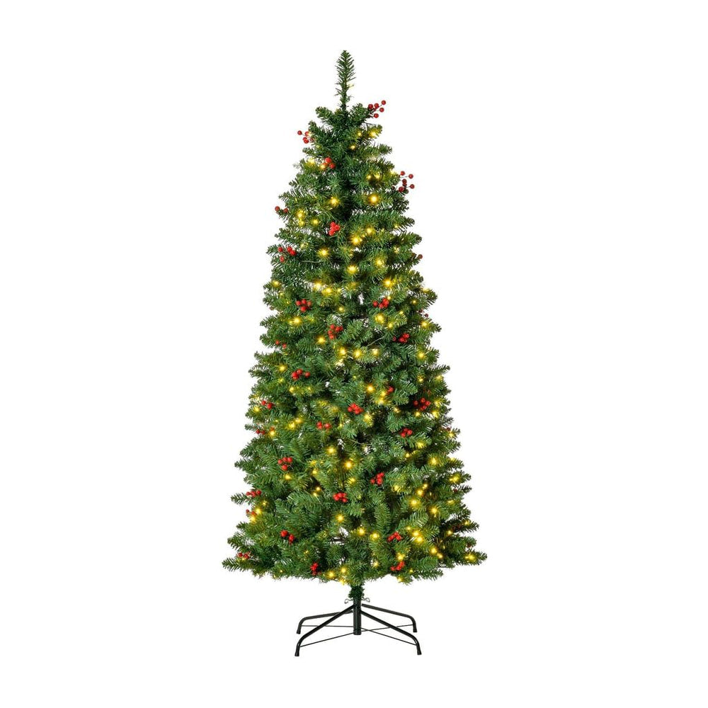 HOMCOM 5FT Prelit Artificial Pencil Christmas Tree with Warm White LED Light, Red Berry, Holiday Home Xmas Decoration, Green