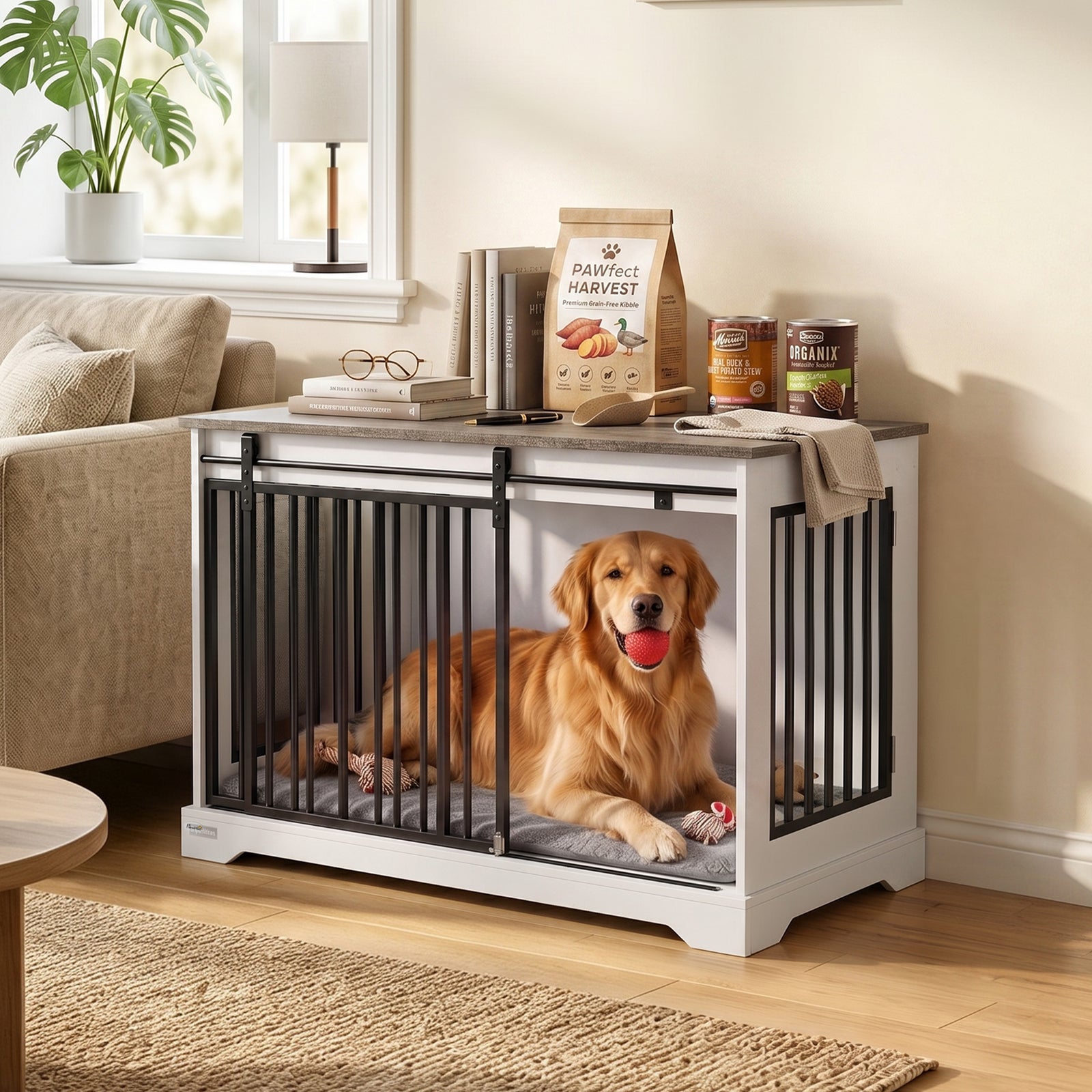 PawHut 100 cm Large Dog Crate Furniture with Sliding Barn Door for Large Dogs, White
