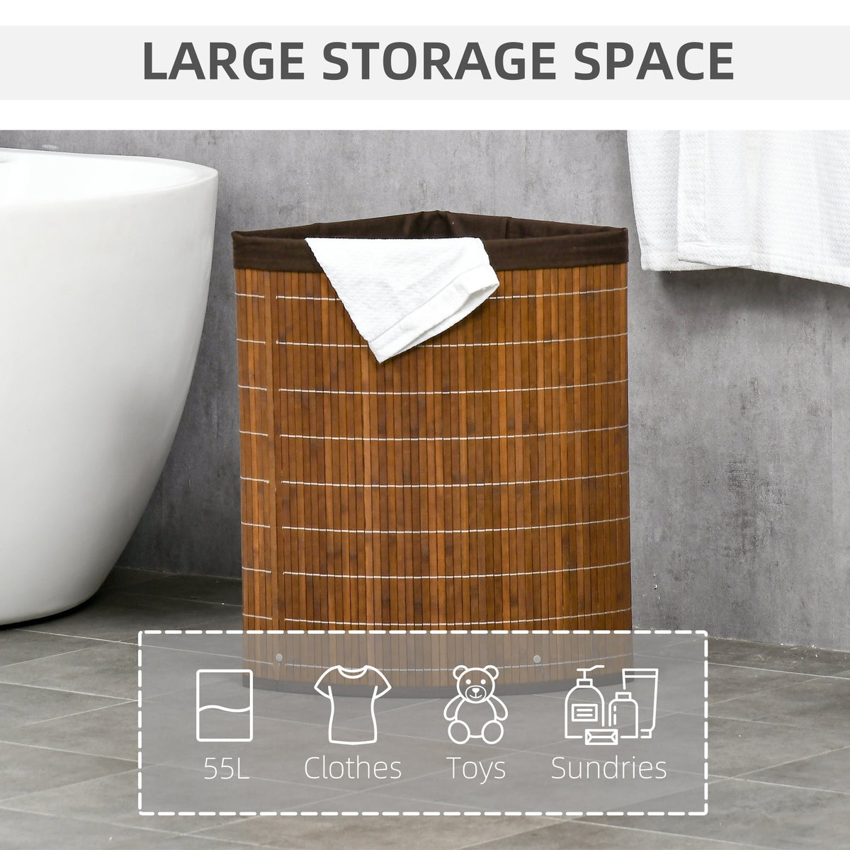 HOMCOM Bamboo Laundry Basket with Lid, 55 Litres Laundry Hamper with Removable Washable Lining, Corner Washing Baskets, 38 x 38 x 57cm, Brown