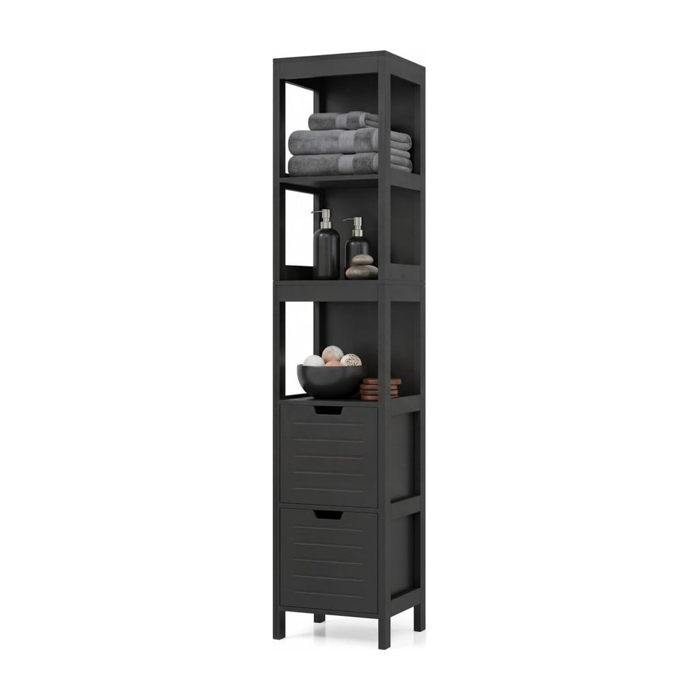 Tall Bath Storage Unit with 2 Deep Box Drawers, a black tall bathroom storage unit with shelves and two drawers