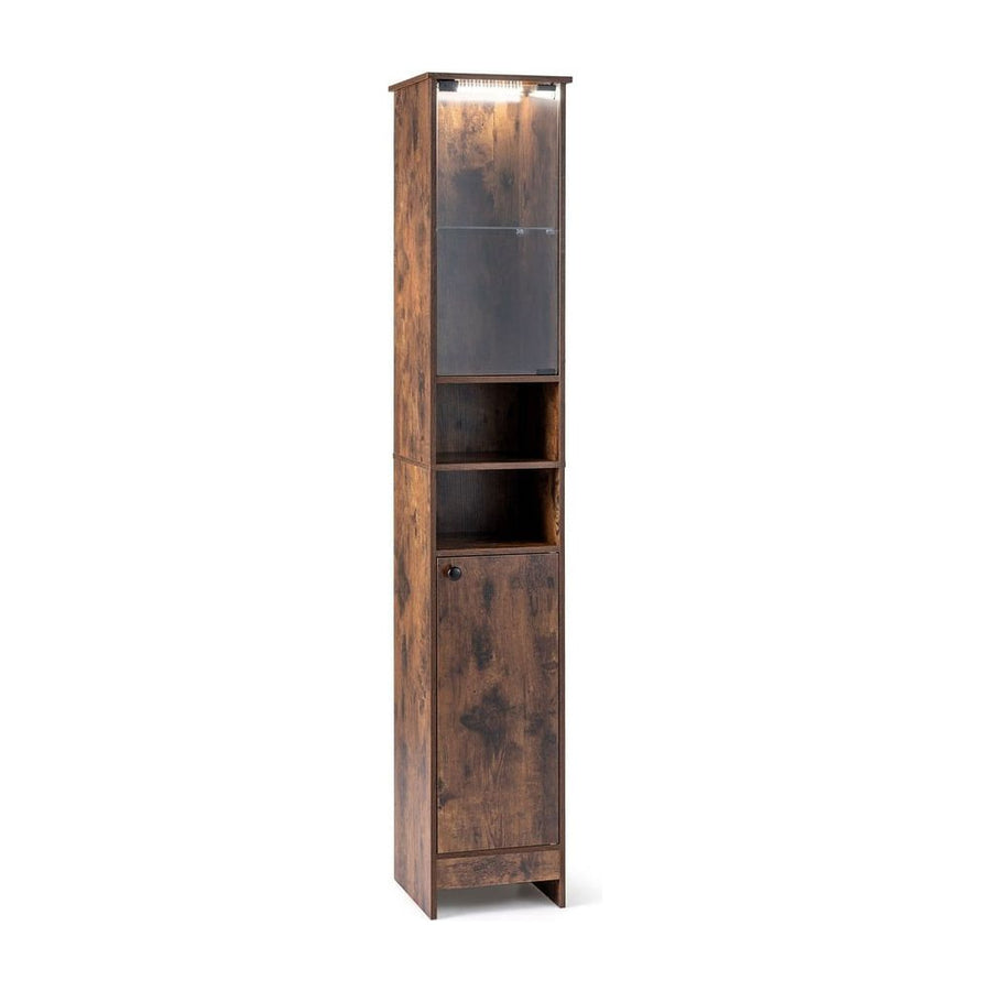 Tall Bathroom Cabinet with Lights Remote Control Open Shelves and Adjustable Shelves-Rustic Brown