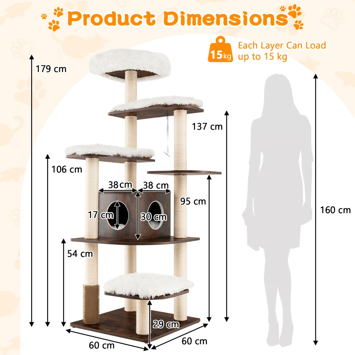 179 cm Tall Wooden Cat Tree with Sisal Scratching Posts-Brown