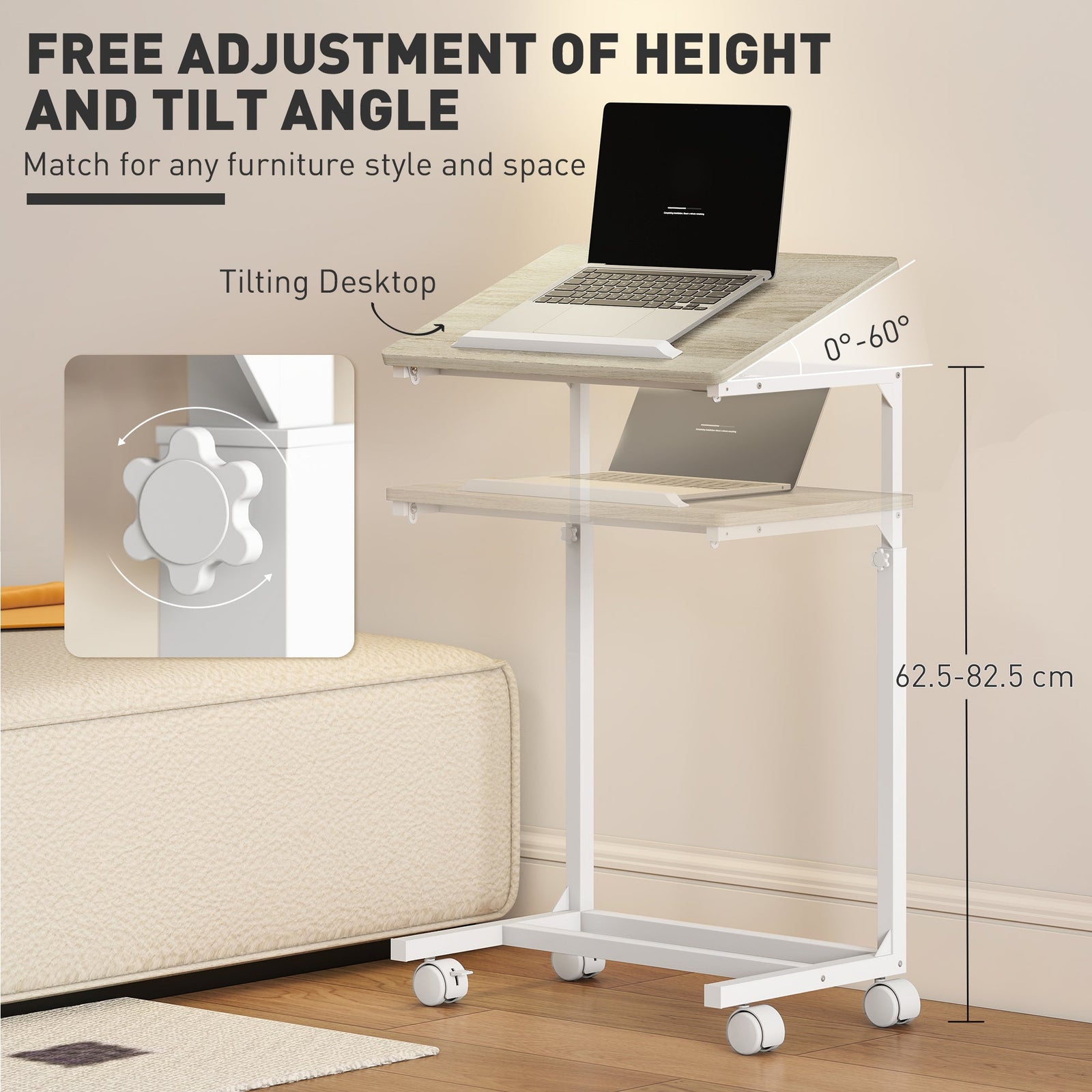 HOMCOM C-Shaped Sofa Side Table, Height Adjustable Overbed Table with Tilting Desktop, Mobile Laptop Desk for Living Room Bedroom, Oak and White