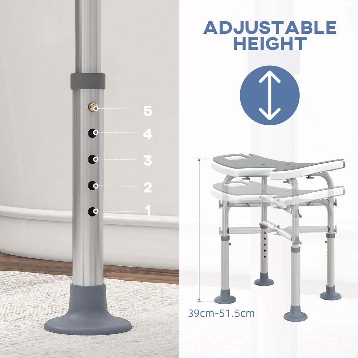 HOMCOM 39-51.5cm 'U' Seat Padded Shower Stool - Grey