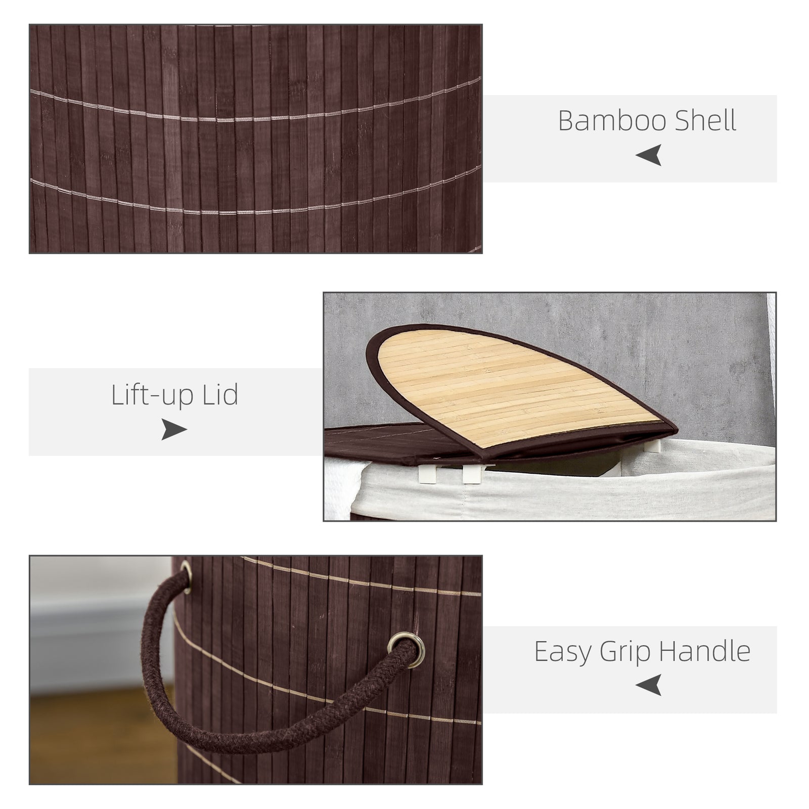 HOMCOM 100L Bamboo Laundry Basket with Lid, Washing Basket with 2 Compartments, Handles, Removable Liner, Brown