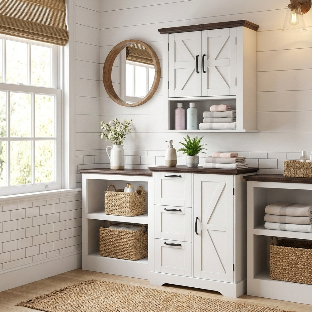 The Rustic Barn Collection bathroom wall cabinet and floor cabinet set in a bright white bathroom