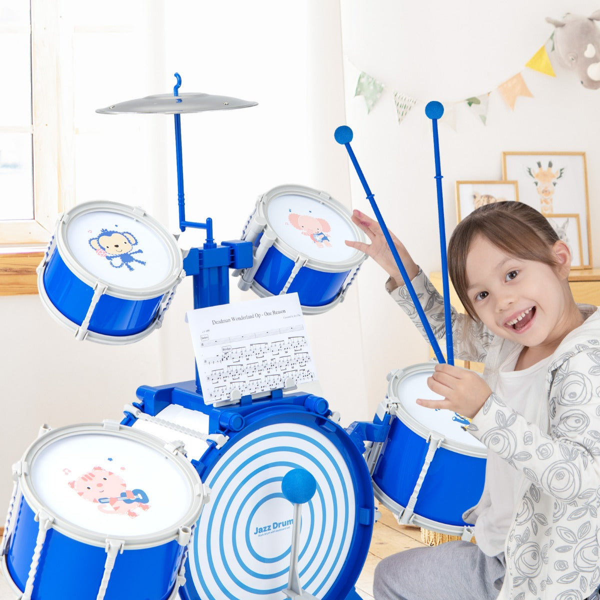 Educational Percussion Musical Instrument Toy with Bass Drum and Foot Pedal-Blue