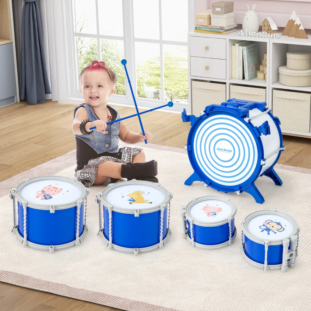 Educational Percussion Musical Instrument Toy with Bass Drum and Foot Pedal-Blue