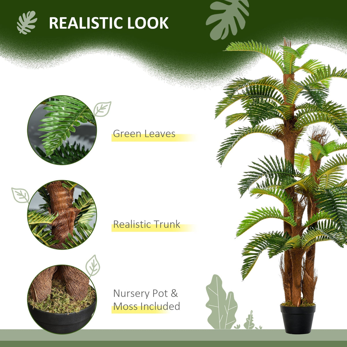 Outsunny Artificial Plant Tropical Fern in Pot, Fake Plants for Home Indoor Decor, 150cm, Green