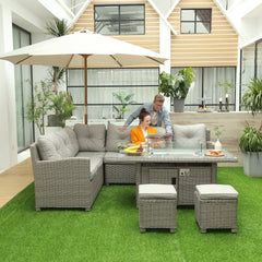 Outsunny 8-Seater Outdoor PE Rattan Sofa Set Conversation Set w/ Fire Pit Table, L-Shape Sofa, Footstool and Furniture Cover