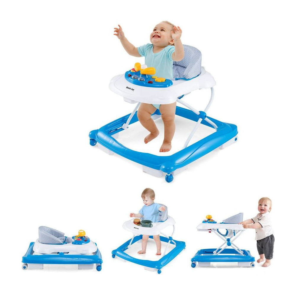 Toddler Activity Center Push Walker with 3 Adjustable Heights-Blue in a bright room with a baby playing