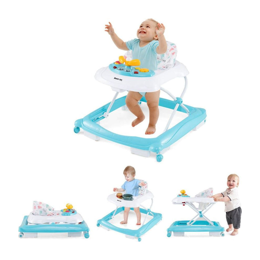 Toddler Activity Center Push Walker with 3 Adjustable Heights in green with a baby playing