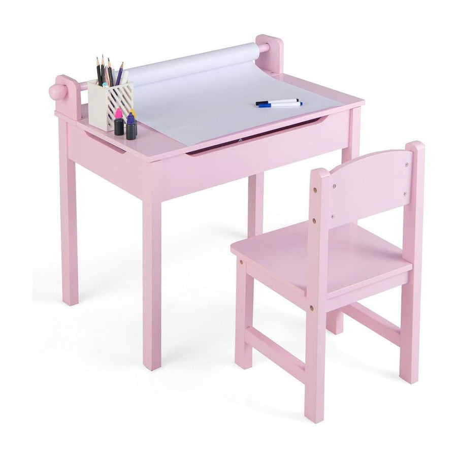 Toddler Activity Table with Chair with Storage and Paper Roll Holder-Pink