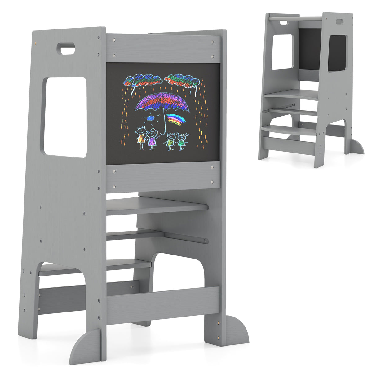 Toddler Kitchen Step Stool with activity chalkboard and adjustable height in grey