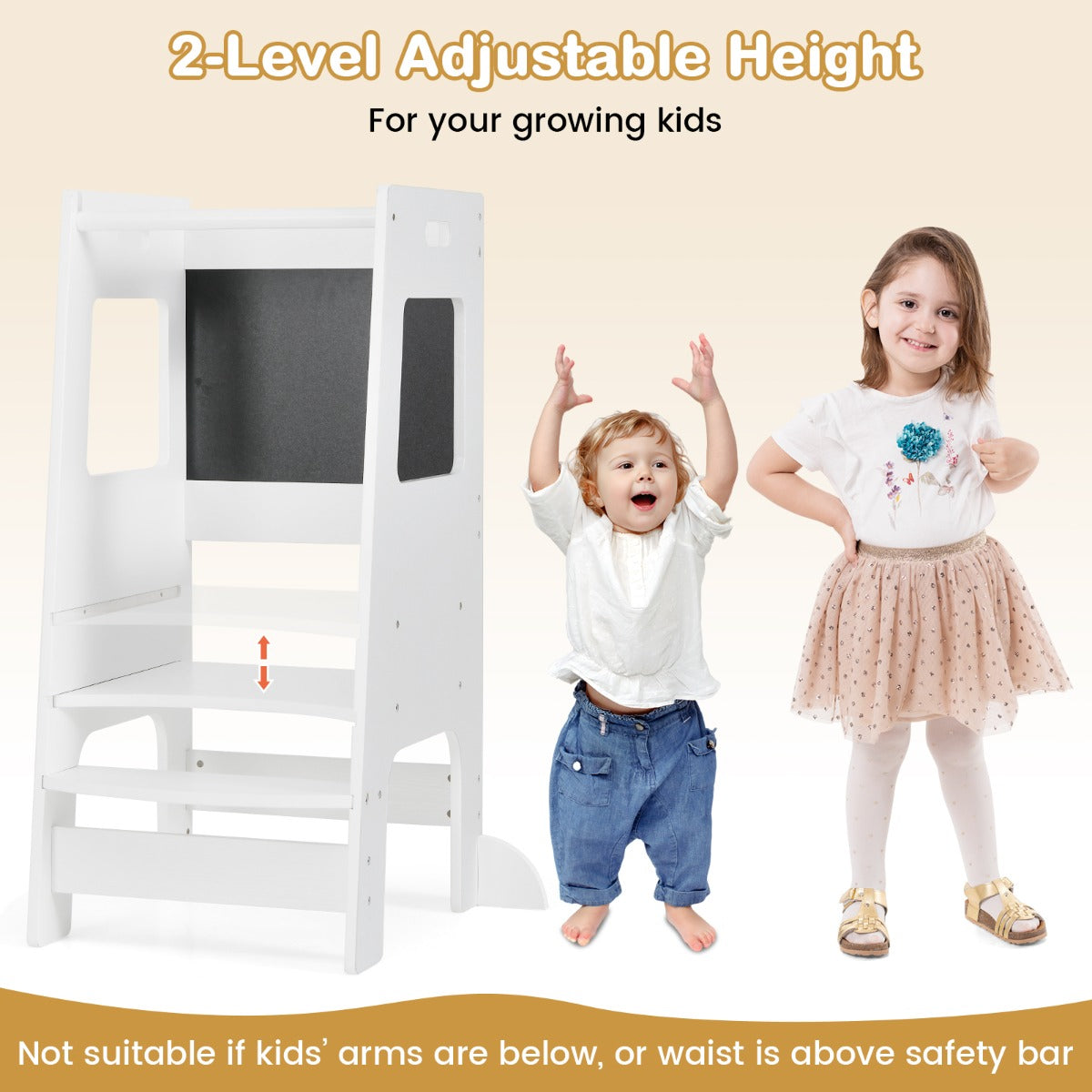Toddler Kitchen Step Stool with Activity Chalkboard and Adjustable Height-White