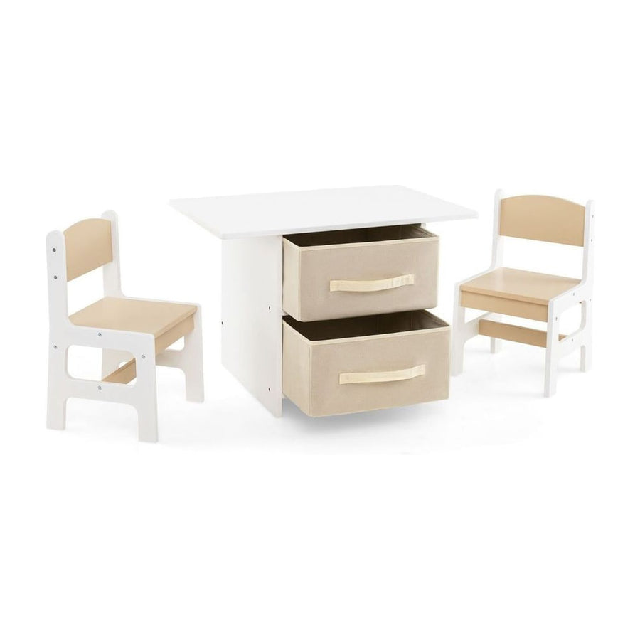 Toddler Wooden Activity Table & 2 Chairs Set with 2 Fabric Storage Bins-Beige