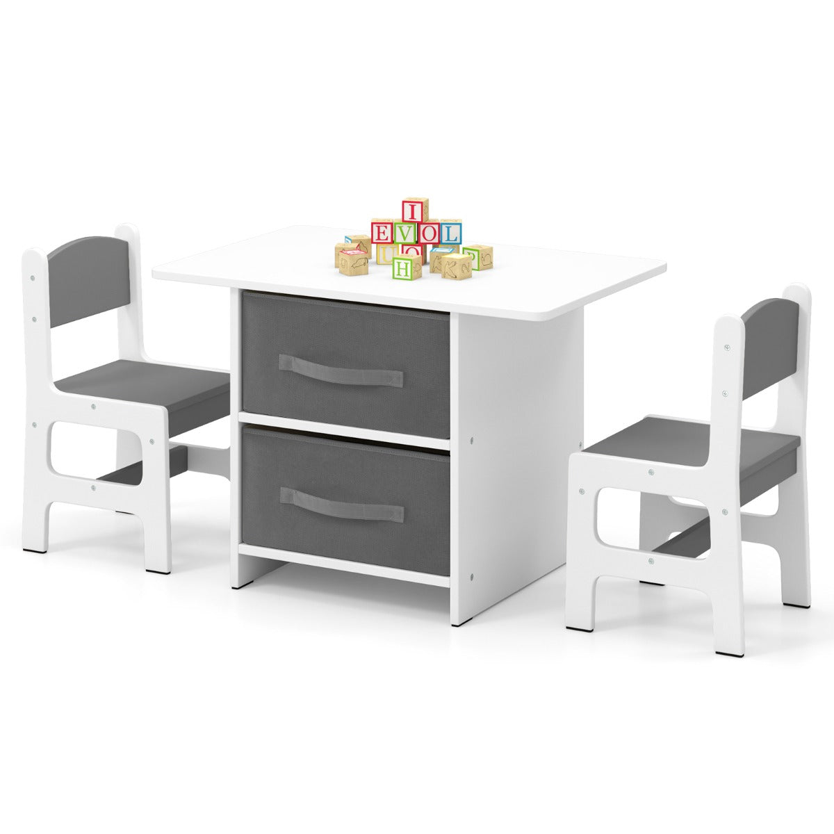 Toddler Wooden Activity Table & 2 Chairs Set with 2 Fabric Storage Bins-Grey