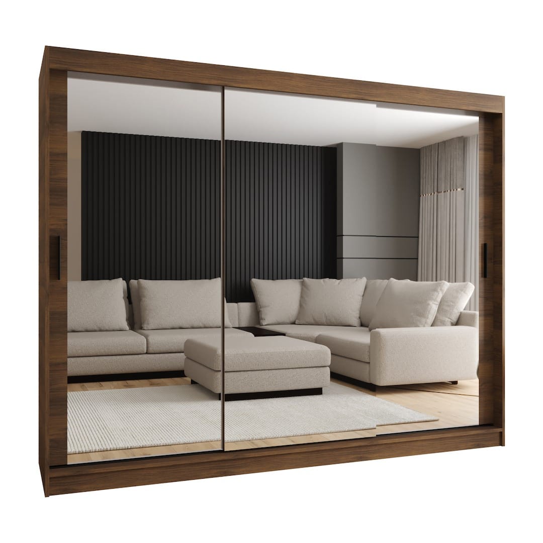A dark wood sliding door wardrobe with large mirrors reflecting a sofa and living room