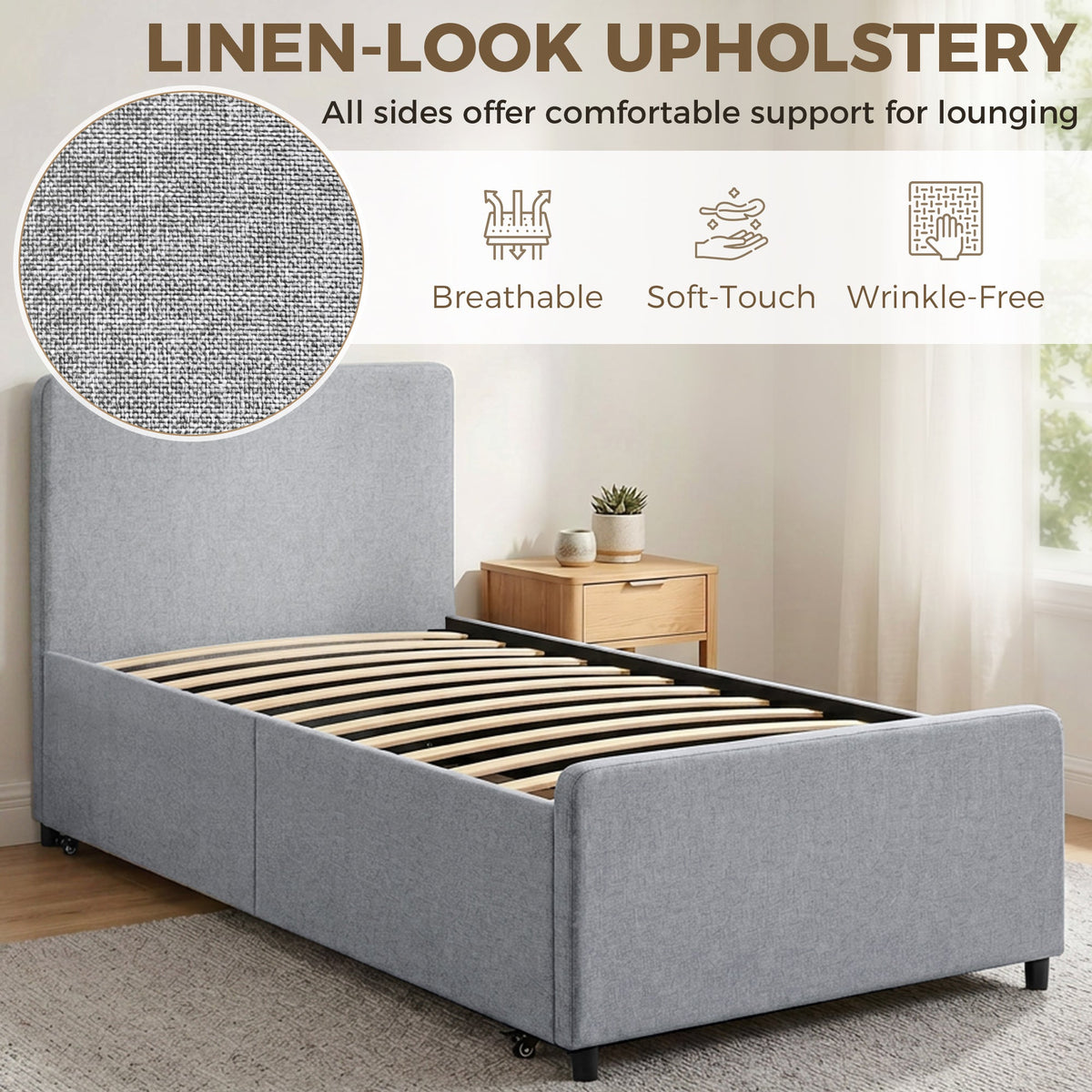 HOMCOM 3ft Single Bed Frame with Trundle, Upholstered Pull Out Trundle Bed with Headboard and Footboard, Light Grey