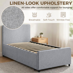 HOMCOM 3ft Single Bed Frame with Trundle, Upholstered Pull Out Trundle Bed with Headboard and Footboard, Light Grey