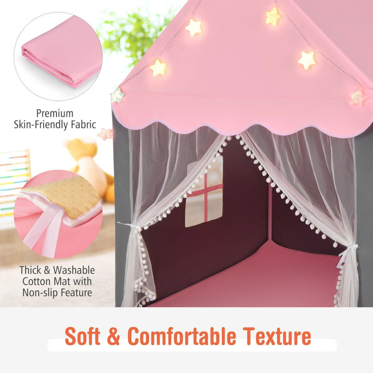 Large Kids Play House with Washable Mat and Star Lights-Pink