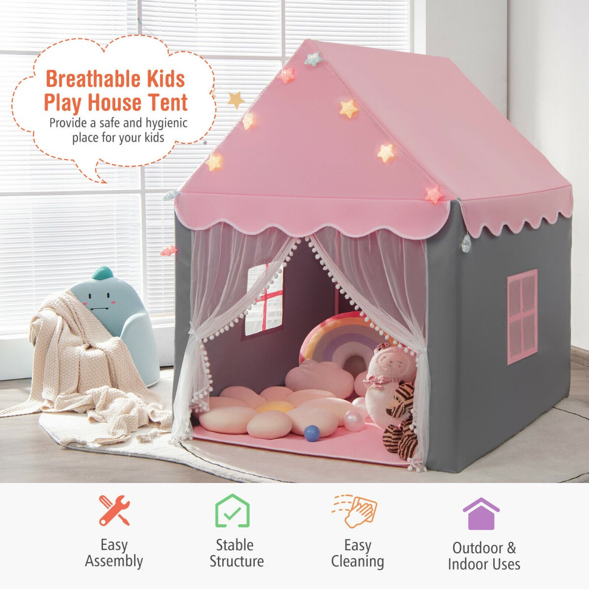 Large Kids Play House with Washable Mat and Star Lights-Pink