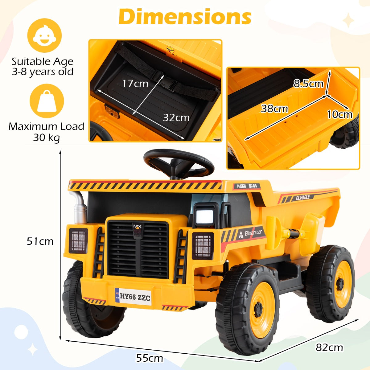 4-Wheeler Construction Electric Vehicle with Dump Bed and Remote Control-Yellow & Black