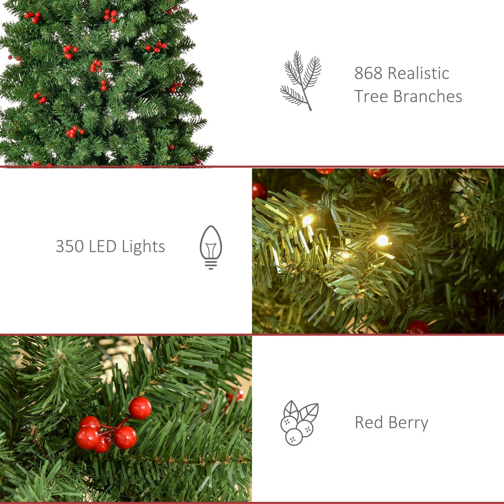 Close up details of the artificial pencil Christmas tree showing realistic branches, LED lights and red berries