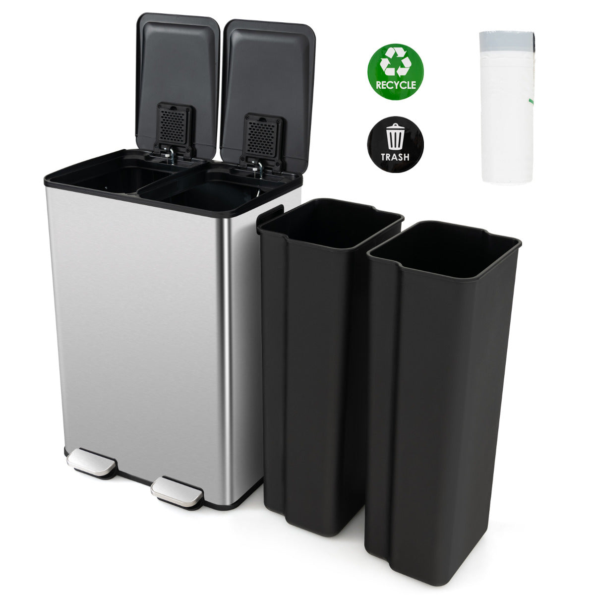 Trash Can with Deodorizer Compartments and Soft Close Lids-Silver