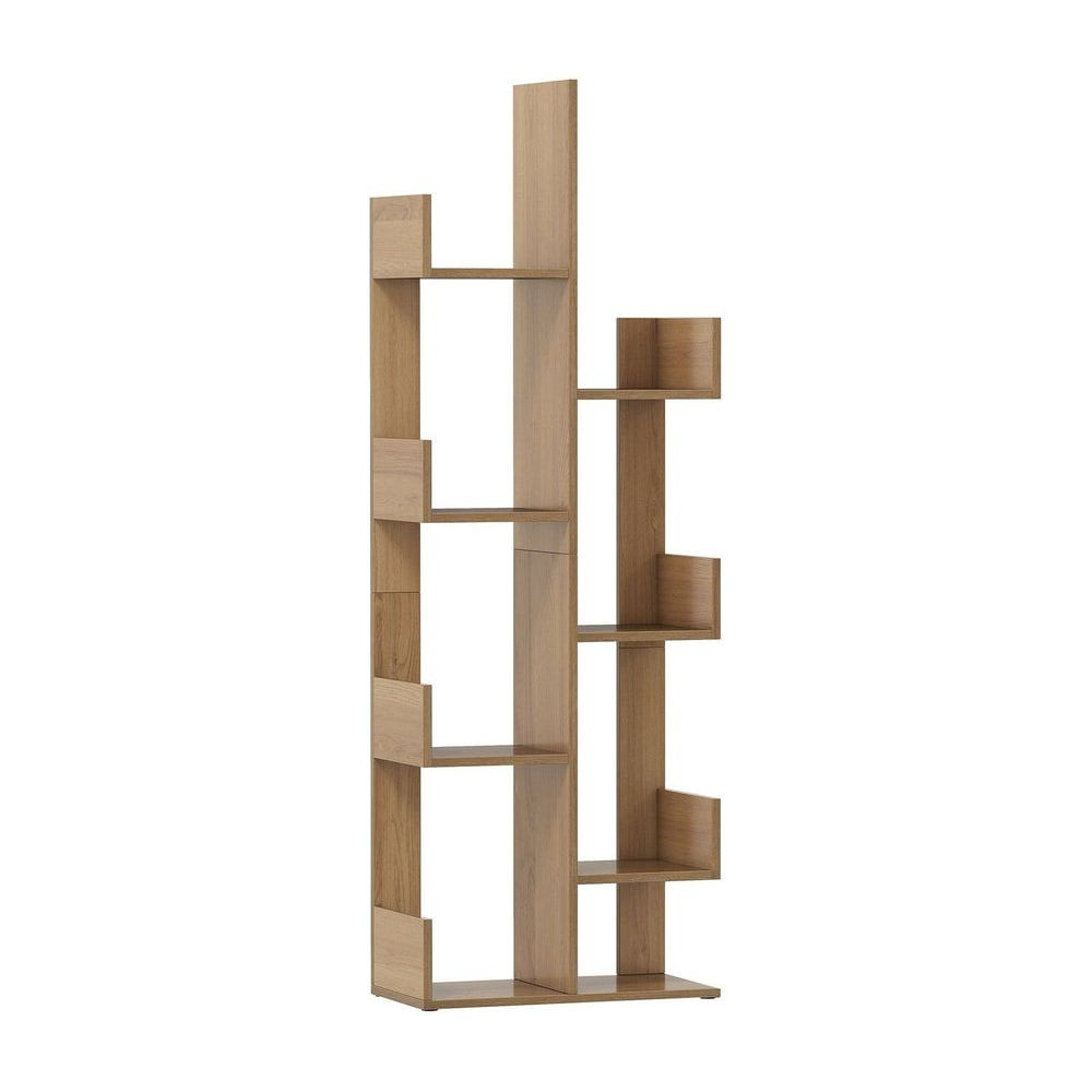Tree-Shaped Bookshelf with 8 Storage Shelves in natural wood finish, a tall vertical unit with staggered shelves