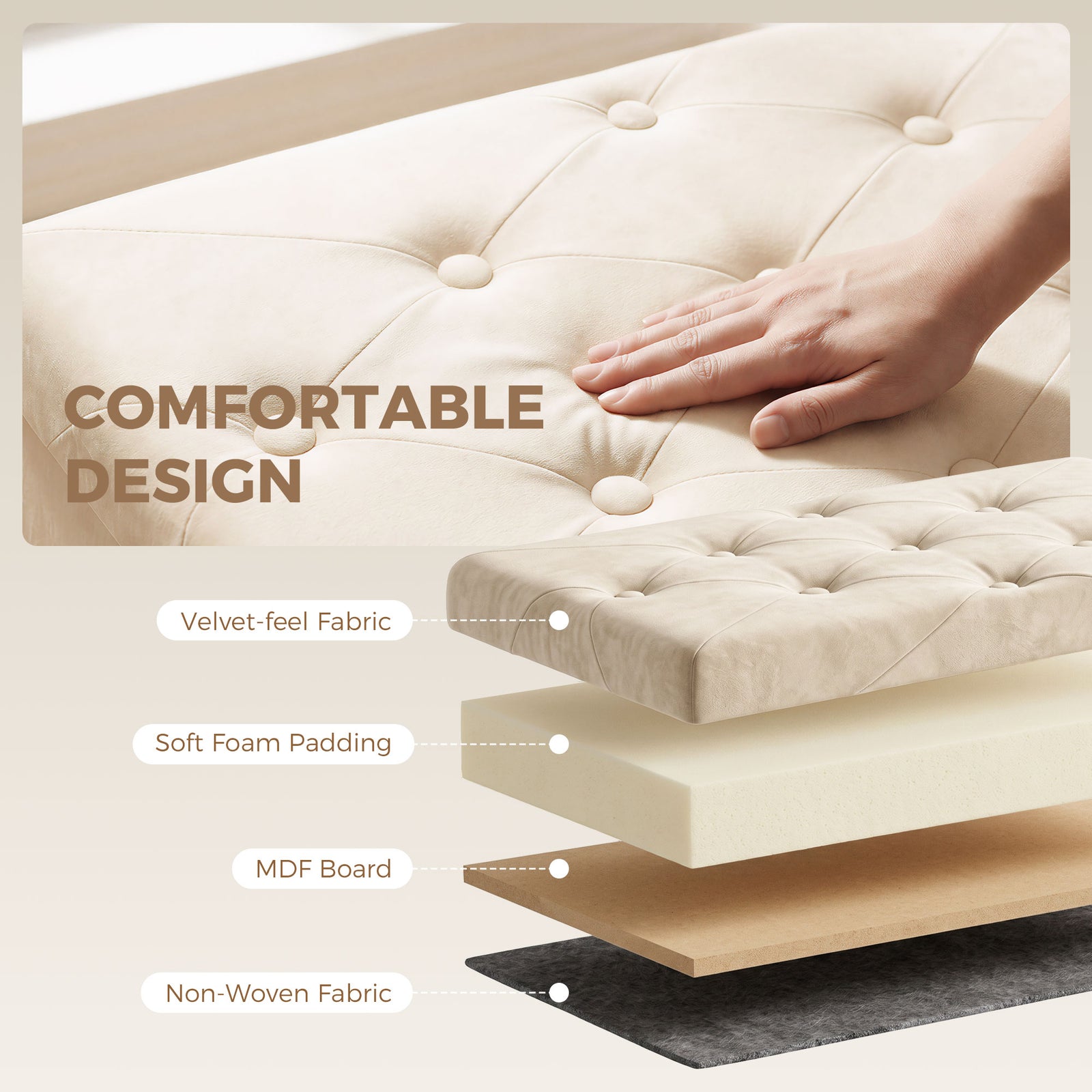 HOMCOM Velvet Upholstered Foldable Ottoman Footrest, Storage Ottoman Bench with Wood Legs for Living Room, Cream White