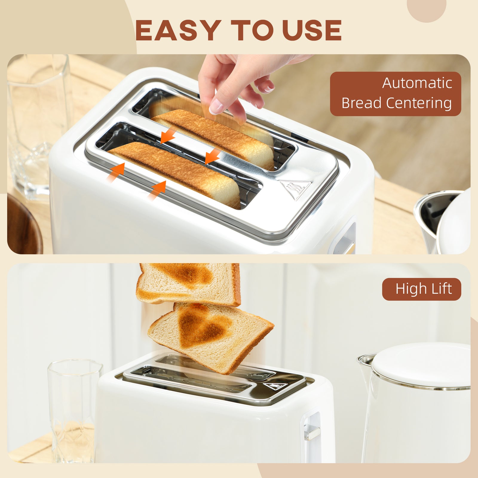 HOMCOM Polished Stainless Steel Kettle and Toaster Set - White