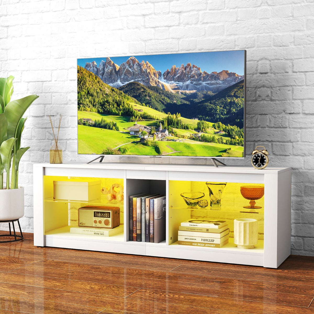 TV Stand with LED Light for TVs up to 65 inch with Adjustable Tempered Glass Shelves-White