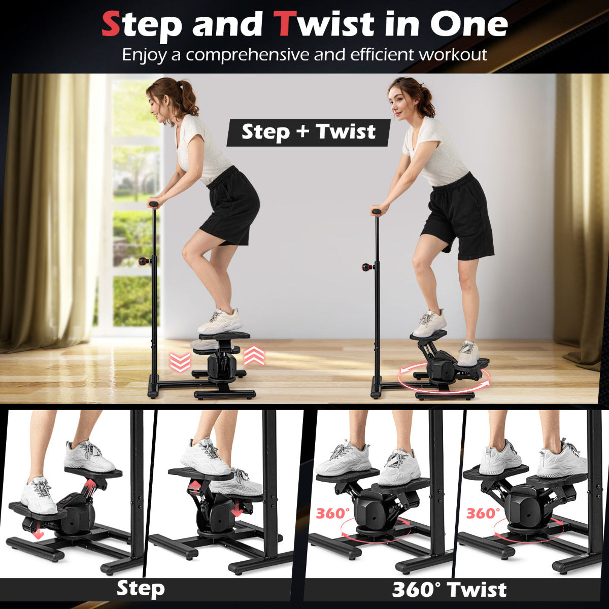 Twist Stepper with Adjustable Handlebar and LCD Monitor-Black