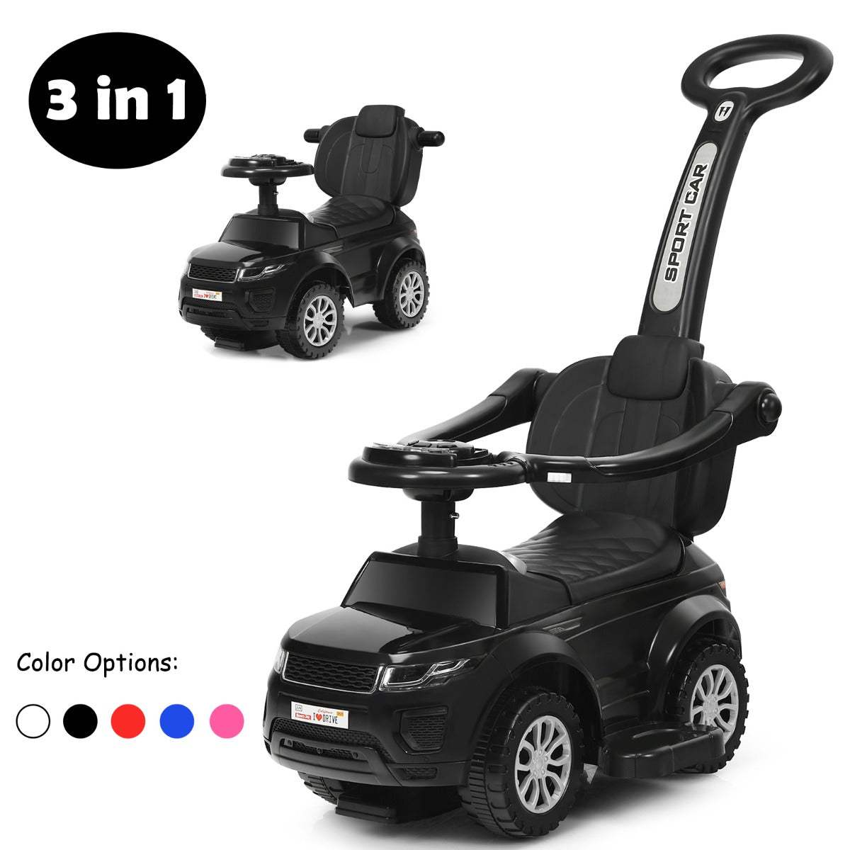 3 in 1 Ride on Push Car Stroller Sliding Walking Car-Black