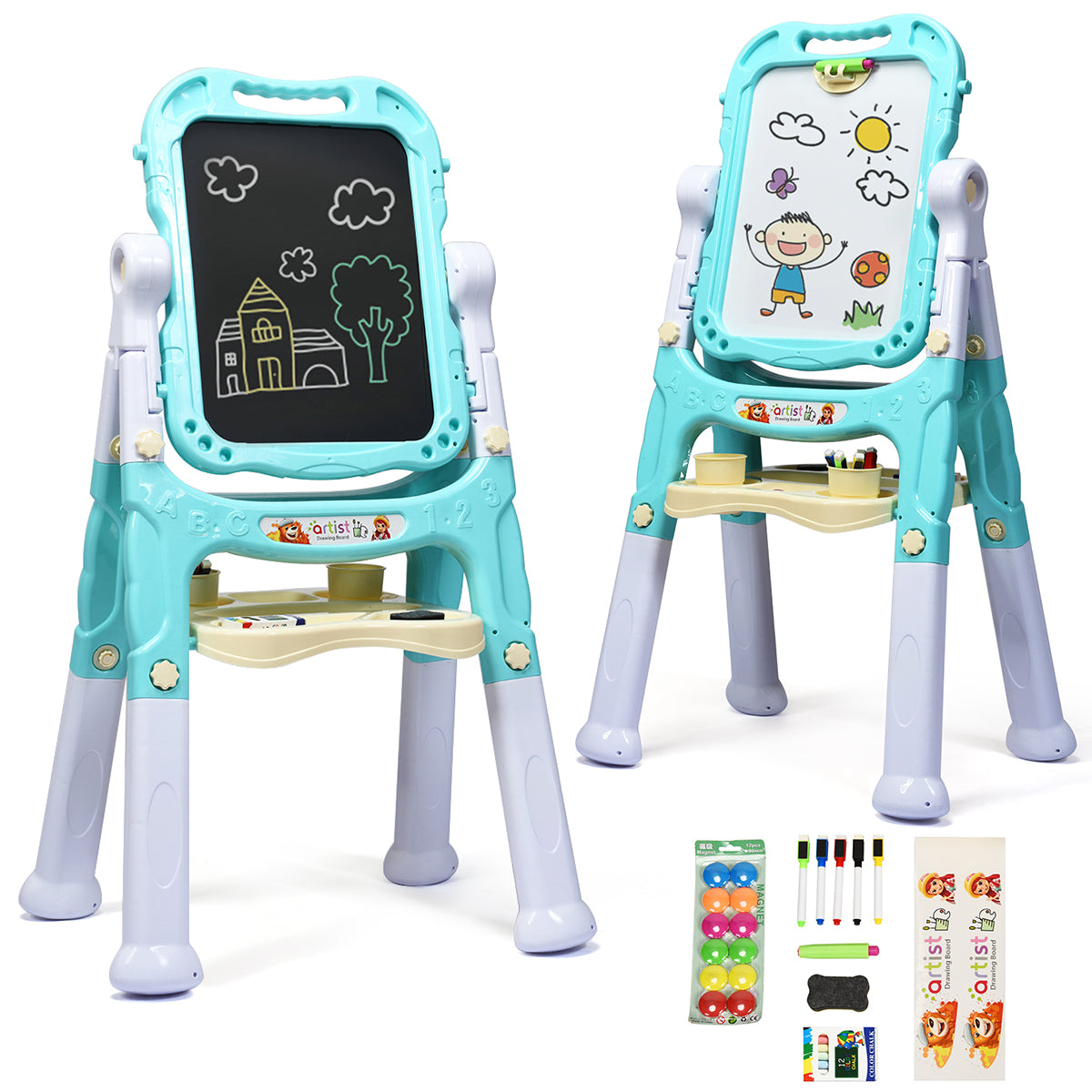 Kid's Double Sided Boards Easel Magnetic Painting Art-Green