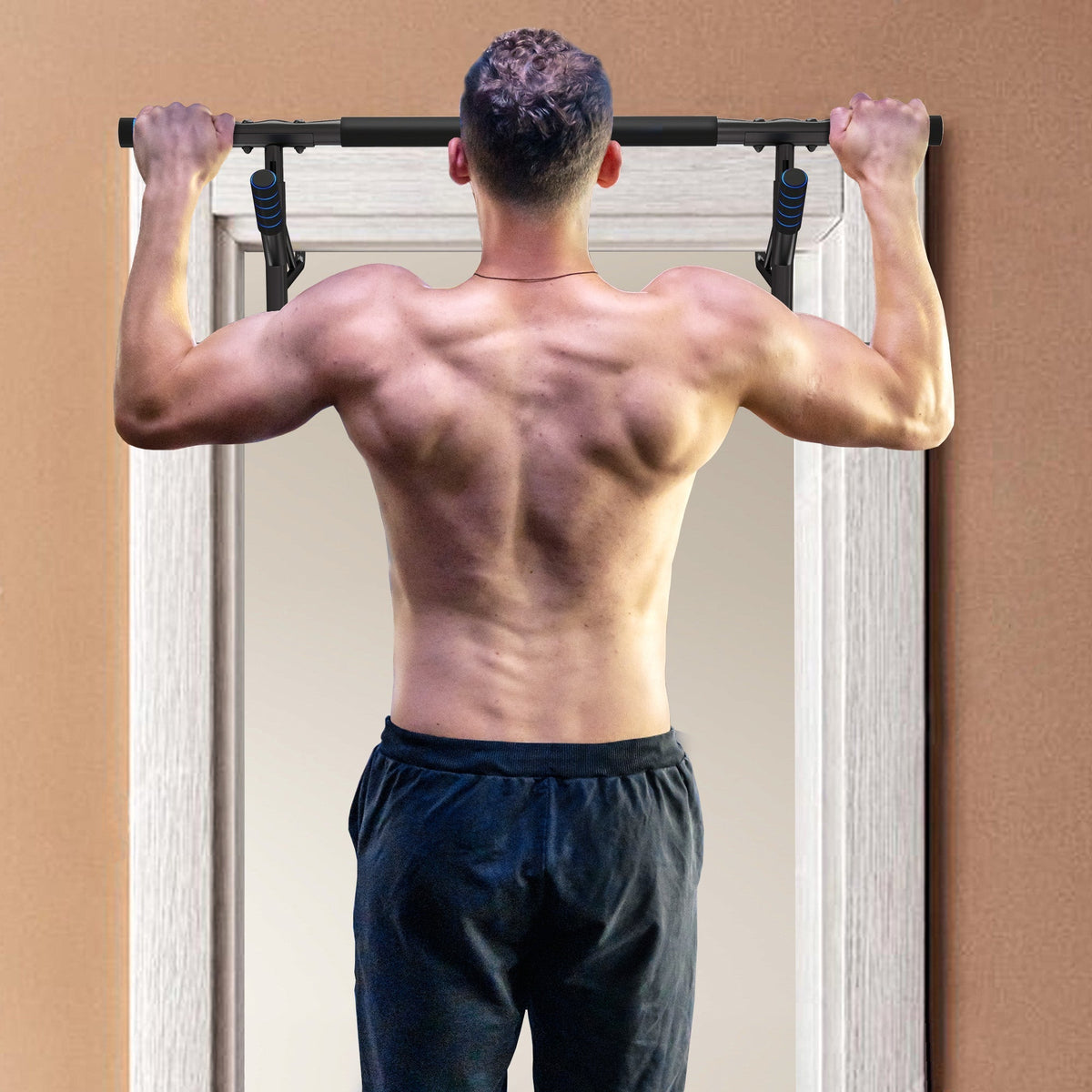 SPORTNOW Pull-Up Bar, No-Drilling Chin-Up Bar, Push-Up Stand with Resistance Bands, Padded Handles for Home Gym Exercise, Blue