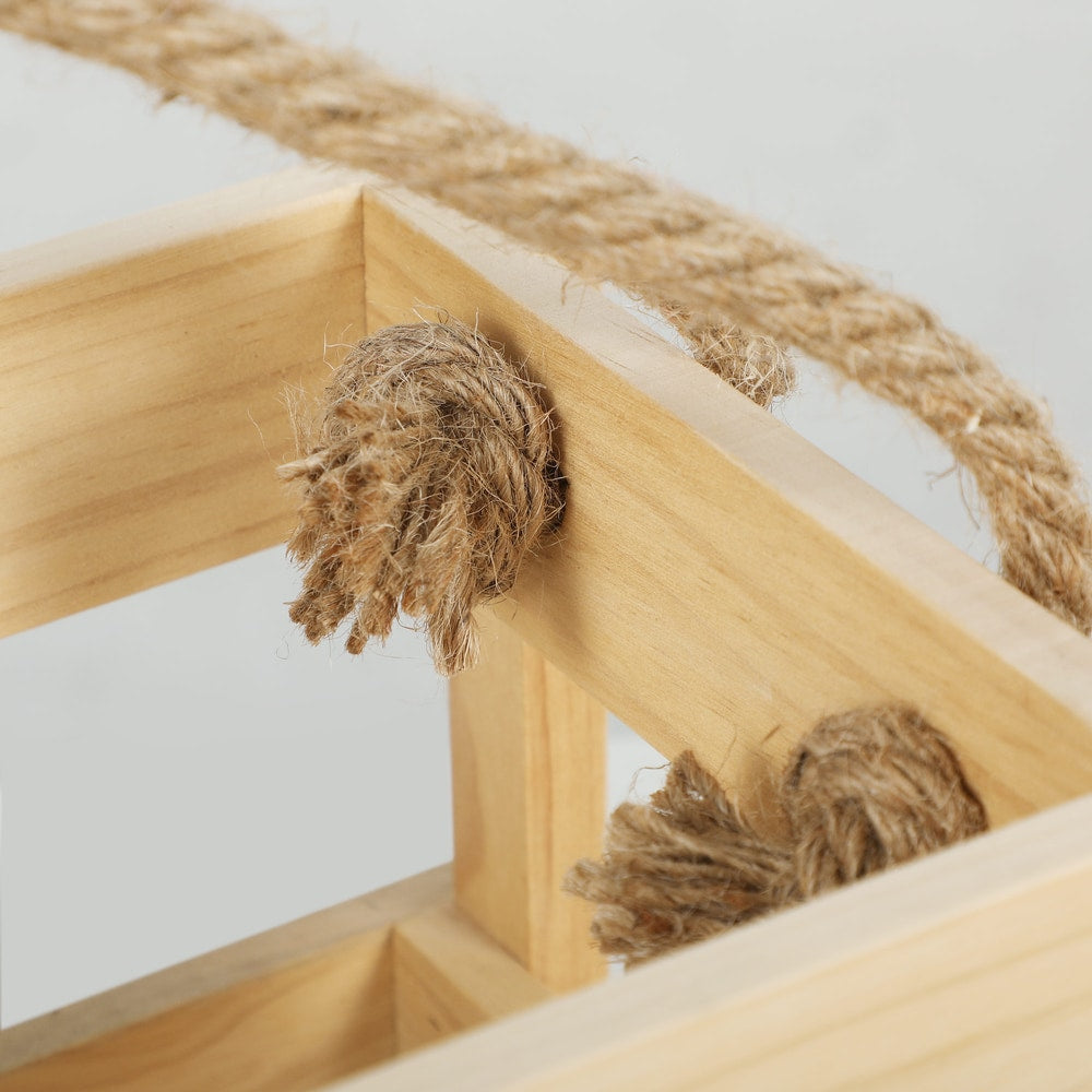 Close up of rope handles attached to the wooden scatter game box