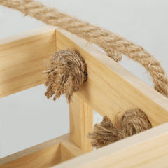 Close up of rope handles attached to the wooden scatter game box